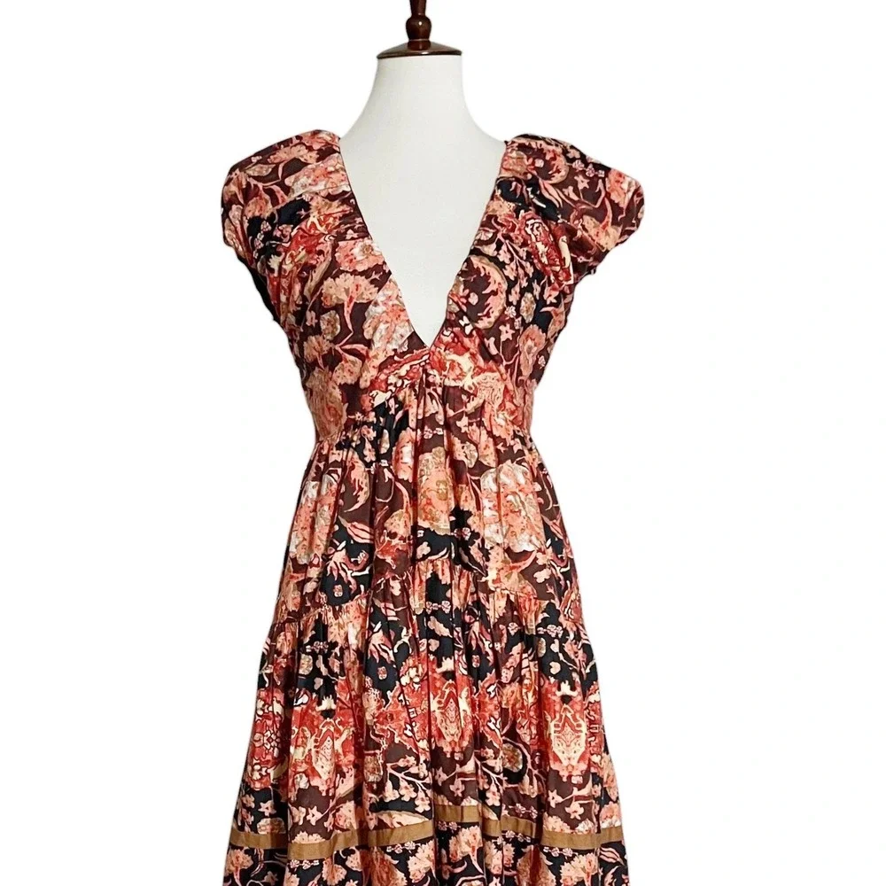 Anthropologie Printed V-Neck Babydoll Dress Size 4 Red Motif NEW‎